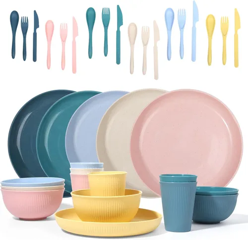 Miniatura 9 de Juego de vajilla de paja de trigo -DAPIPIK 42 piezas de vajilla irrompible para 6, juego de platos y cuencos para la cocina, juego de platos, tazas