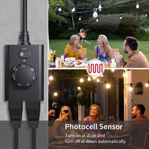 Miniatura 3 de Minoston Temporizador para Exteriores Paquete de 2, Enchufe de Anochecer a Amanecer con 2 Enchufes con Conexión a Tierra, Configuraciones de 2-8
