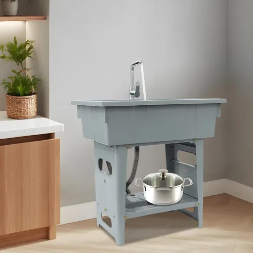 Miniatura 4 de Fregadero de plástico independiente con tabla de lavar y grifo de agua fría caliente giratorio de 360 °, lavabo de lavandería para lavadero, Gris