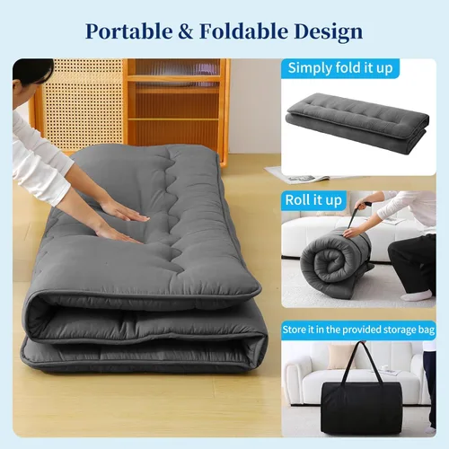 Miniatura 8 de Colchón de futón japonés – Colchón grueso de color gris, colchoneta plegable de tatami de 5 capas con bolsa de almacenamiento y correas, colchones
