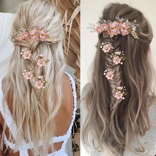 Miniatura 7 de 5 Piezas Horquillas de Flores Nupciales para Cabello de Boda Peines de Cabello de Cristal y Perla Clips Tocado Dorado Accesorios de Cabello de Boda