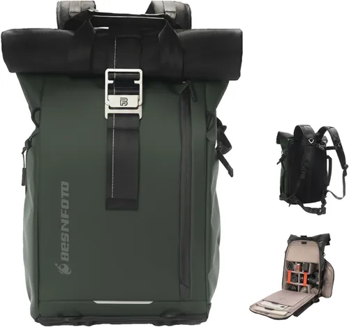 Miniatura 9 de Mochila impermeable para cámara Besnfoto, bolsa de fotografía con tapa enrollable para cámara DSLR SLR sin espejo con compartimento para laptop