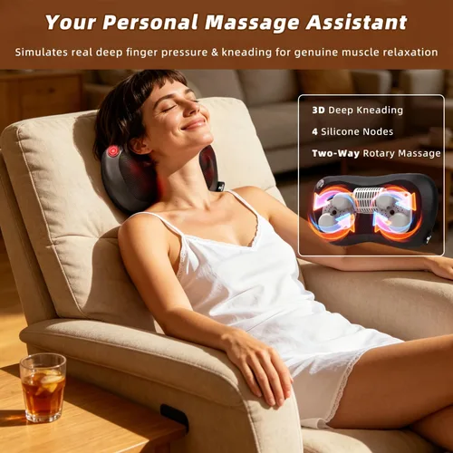 Miniatura 2 de Zenopax Shiatsu Masajeador de cuello y espalda con calor, almohada eléctrica recargable inalámbrica para aliviar el dolor muscular, amasamiento
