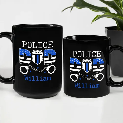 Miniatura 6 de Taza de café personalizada con nombre de policía para papá, regalos personalizados para papá, 11 onzas, 15 onzas Taza negra de papá policía