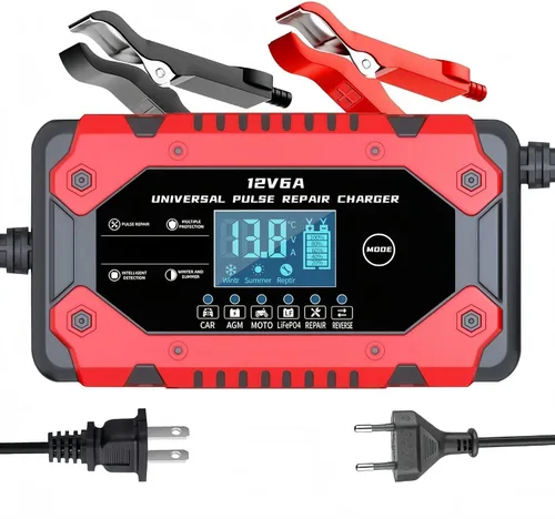 Cargador de Batería 6-Amp 12V Cargador de Batería Inteligente Automático de Goteo, Mantenedor de Batería Desulfador con Compensación de Temperatura