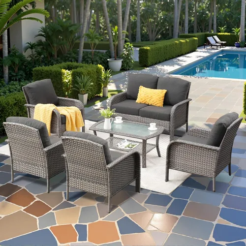 Miniatura 11 de CAODOC Juego de muebles de mimbre para patio, 4 piezas, para todo tipo de clima, sofá biplaza y mesa para patio trasero, balcón y terraza