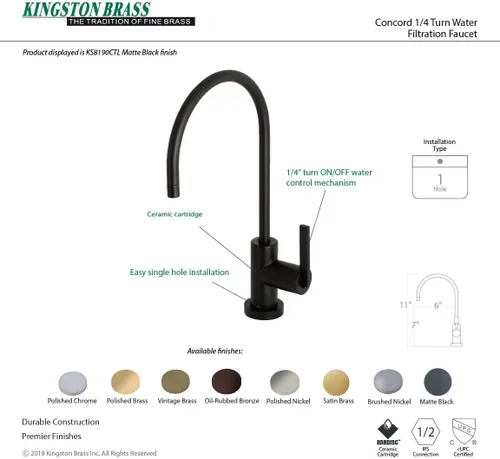 Miniatura 3 de Kingston Brass KS8190CTL Grifo de filtración de agua continental, negro mate, alcance de boquilla de 5‑7/8 pulgadas Mate negro