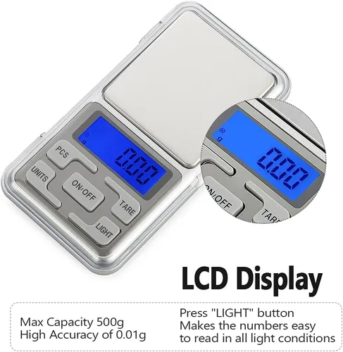 Miniatura 5 de Báscula de bolsillo digital portátil de 2 piezas, 17.64 oz de capacidad, 0.00 oz de precisión, báscula electrónica de joyería para alimentos