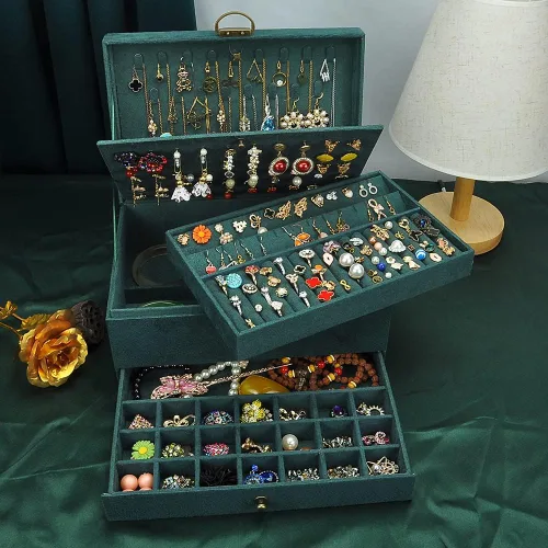 Miniatura 4 de GYJOYERO Joyero organizador de aretes de joyería para mujeres y niñas, 4 capas con cajones, collares, anillos, relojes, vitrina, almacenamiento