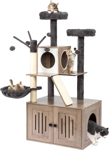 Miniatura 9 de VINGLI Cat Tree Tower with Litter Box, 54" H All-in-1 Wooden Cats Condo, Cat Tower wih Scratching Posts, Houses for Indoor Kittens Hidden Cat