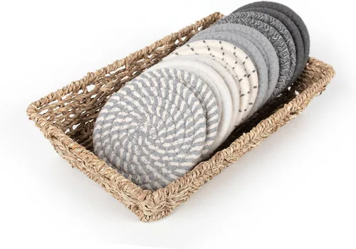 Miniatura 8 de 12 piezas de posavasos tejidos a mano para bebidas, juego de posavasos absorbentes y aislantes de algodón con soporte de cesta de esparto, boho