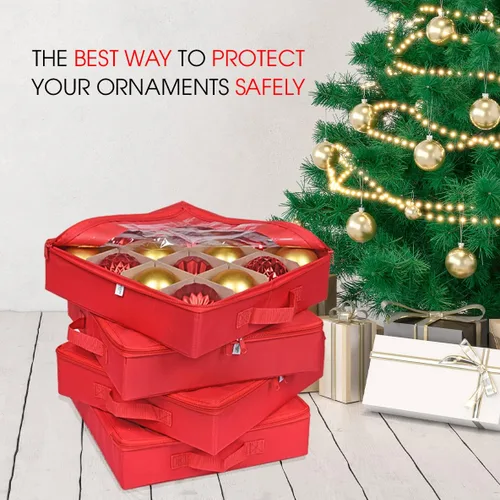 Miniatura 7 de ProPik 4 Piezas Cajas de Almacenamiento de Adornos Navideños con Divisores 4 Bandejas Individuales con Capacidad para 64 Bolas de Decoración Rojo