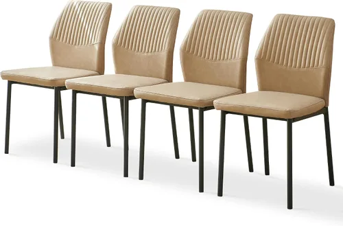 Miniatura 35 de Juego de 4 sillas de comedor de piel sintética marrón, cómodas sillas de cocina tapizadas sin brazos con patas de metal negro para sala de estar