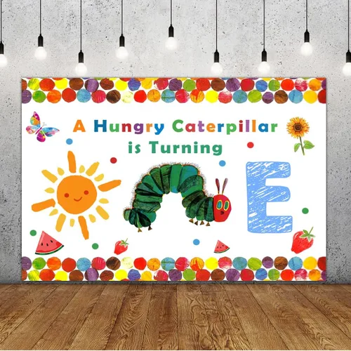 Lofaris A Hungry Caterpillar is Turning One Happy Birthday - Telón de fondo de fiesta de cumpleaños con diseño de oruga de dibujos animados, diseño