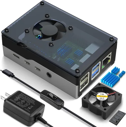 Miuzei Funda para Raspberry Pi 4 con ventilador de 1.378 in, fuente de alimentación de 5 V 3 A, 4 disipadores de calor para Raspberry Pi 4 Modelo B
