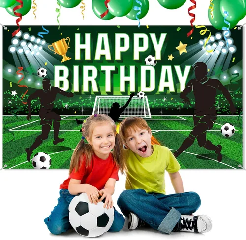 Miniatura 3 de Tatuo Telón de fondo de fiesta de cumpleaños de fútbol, fondo de campo de fútbol de poliéster con letras de feliz cumpleaños, incluye cuerda blanca