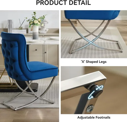 Miniatura 4 de WUTUTUEE Sillas de Comedor de Terciopelo de Lujo, Sillas de Acento Capitoné Tapizadas Sin Brazos con Patas de Metal Plateado en Forma de X, Juego