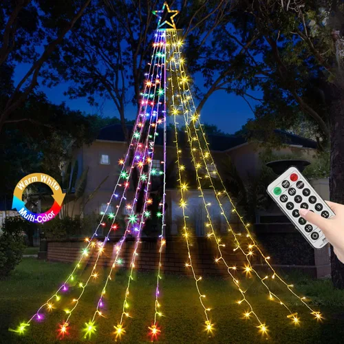 Miniatura 13 de Luces de Cadena de Estrella de Navidad, 320 Luces LED de Cascada para Árbol con Estrella Superior de 13", 8 Modos de Iluminación para Interiores