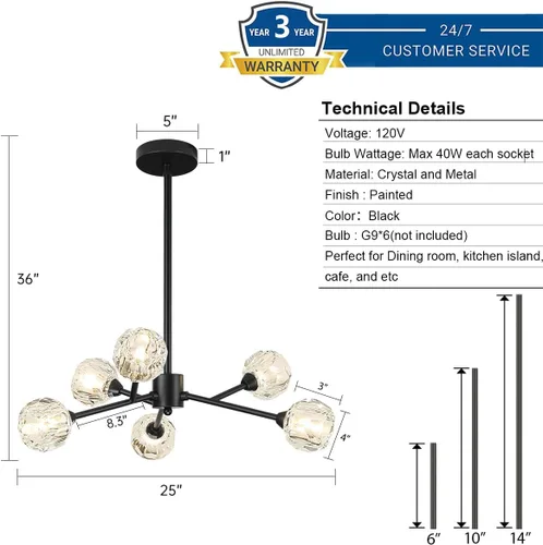 Miniatura 4 de Weesalife Sputnik - Candelabros para comedor sobre mesa, modernos candelabros de cristal, 6 luces negras para sala de estar, dormitorio, isla