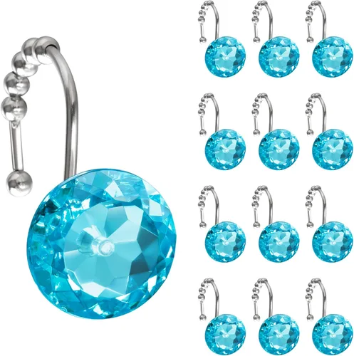 Sunlit Diseño de Lujo Redondo Aqua Azul Diamante Cristal Gema Bling con Bolas Deslizantes Ganchos para Cortina de Ducha, Anillos para Cortina de