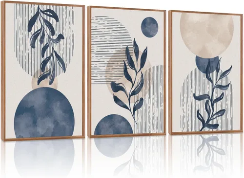 KAIRNE Juego de Arte de Pared de Plantas Boho de 3 Piezas, Lienzo Enmarcado Bohemio Azul, Pintura de Pared de Líneas Geométricas Abstractas, Arte de