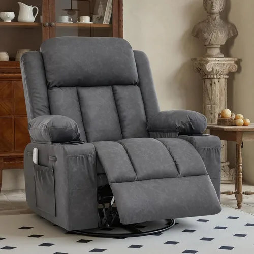 Miniatura 9 de Rocker - Silla reclinable con calor y masaje, silla reclinable giratoria de 360° para adultos, asiento reclinable de piel sintética con 2 portavasos