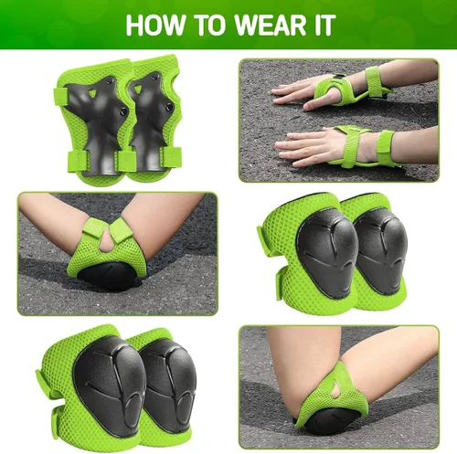 Miniatura 5 de Conjunto de casco de bicicleta para niños pequeños con rodilleras, casco de ciclismo ajustable para niño y niña, equipo de protección Verde