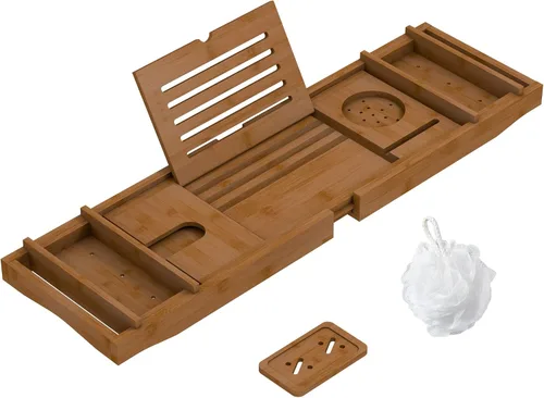 Miniatura 10 de Bandeja de Bañera de Bambú para Baño de Lujo, Bandeja de Baño Premium Expandible con Soporte para Jabón/Toalla/Libro, Accesorios de Baño Ajustables