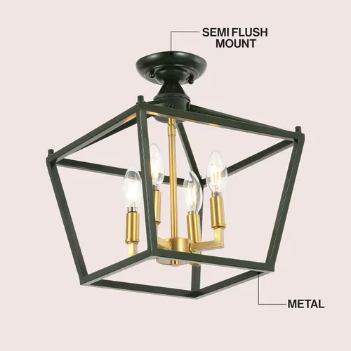 Miniatura 5 de JONATHAN Y Plains 12" Dark Green and Brass Gold 4-Light Iron Semi Flush Mount Lantern, Modern Farmhouse Open-Frame Pagoda with Metal Cage for