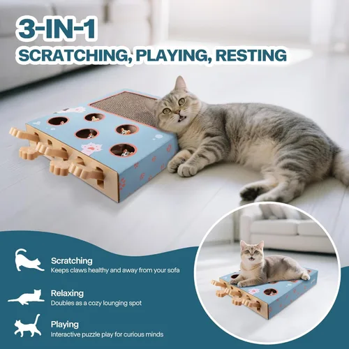 Miniatura 3 de PAWISE Juguete rascador interactivo para gatos, tablero rascador de cartón 3 en 1 y caja de juguetes interactiva de rompecabezas para gatos