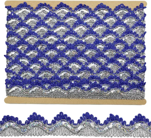 Cinta de 14 yardas de ancho, 1.378 in/1.37 pulgadas, color azul y plateado con lentejuelas plateadas, cinta para manualidades y costuras Dorado