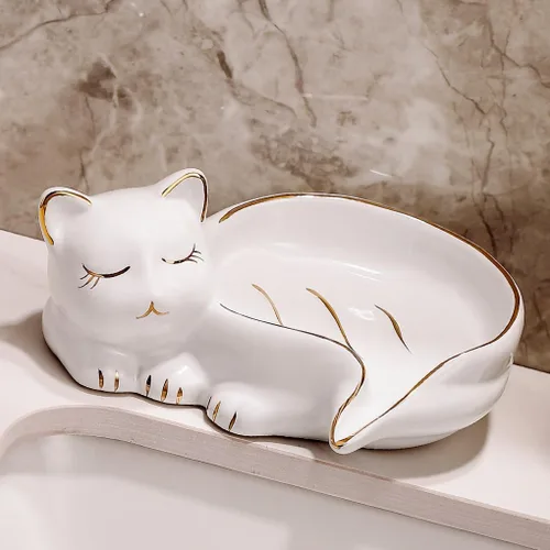 Miniatura 3 de WAIT FLY Jabonera creativa para gatos, jabonera de cerámica, autodrenante, jabonera decorativa, color blanco, 1 unidad