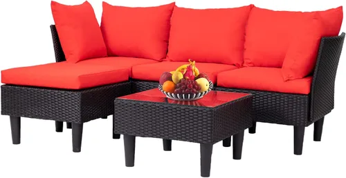 Miniatura 14 de FDW Juego de muebles de patio de 3 piezas Negro Muebles de mimbre para exteriores con mesa de café Juego de sillas de ratán moderno