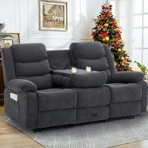 Korser Sofá reclinable, sofá biplaza reclinable con consola, sofá reclinable extragrande con mesa desplegable, sofá de 3 plazas con portavasos y Gris