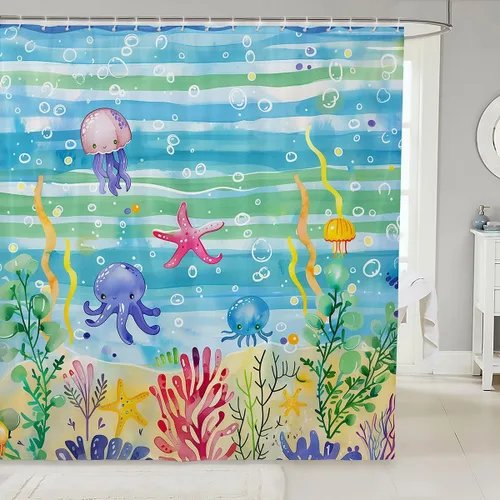 Miniatura 15 de Cortina de ducha de sirena, decoración de baño con escala de acuarela, habitación para niños y niñas, mujeres, caricaturas, delfín, pulpo