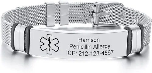 Miniatura 8 de Pulseras personalizadas de alerta médica para hombres, mujeres y niños, grabado gratuito, malla de acero inoxidable ajustable, pulsera
