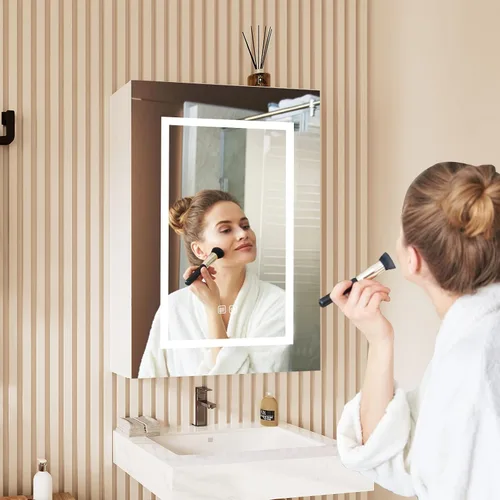 Miniatura 7 de Gabinetes de medicina LED para baño, botiquín iluminado con espejo, tocador de baño de montaje en superficie con almacenamiento, brillo ajustable