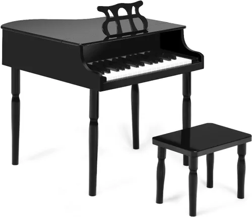 Miniatura 13 de HONEY JOY Piano clásico para niños, mini piano de cola de 30 teclas con soporte de música y banco, juguete de instrumento musical de madera con tapa