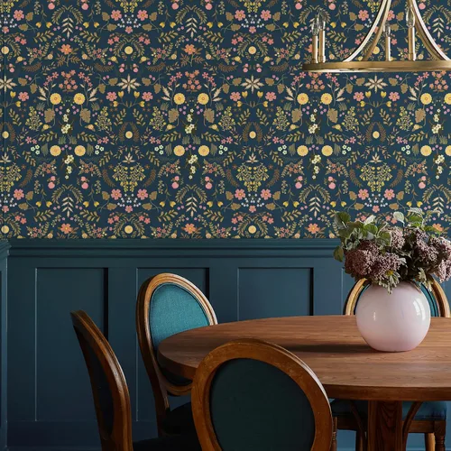 Miniatura 4 de Simon&Siff Papel Tapiz Floral Despegar y Pegar Azul Marino Bohemio Papel de Pared 60" x 17.3" Azul Oscuro Flores Florecientes Flores Silvestres
