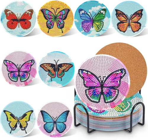 Miniatura 18 de UPINS 8 piezas de kits de pintura de arte de diamante con mandala, posavasos de arte de diamante con soporte, kits de arte de diamante Mandala azul