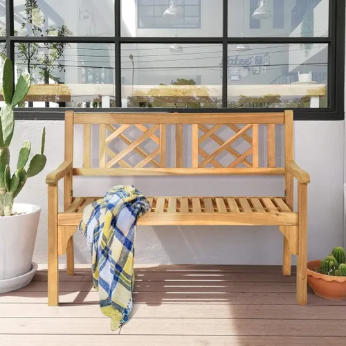 Miniatura 2 de HAPPYGRILL Banco de patio al aire libre, banco de jardín de madera de acacia con respaldo y reposabrazos, silla plegable de 4 pies para dos personas