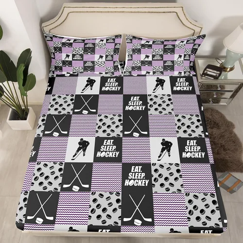 Miniatura 14 de Sábana bajera ajustable de hockey sobre hielo, tamaño individual, para adolescentes y niñas, juego de ropa de cama de hockey para decoración de sala