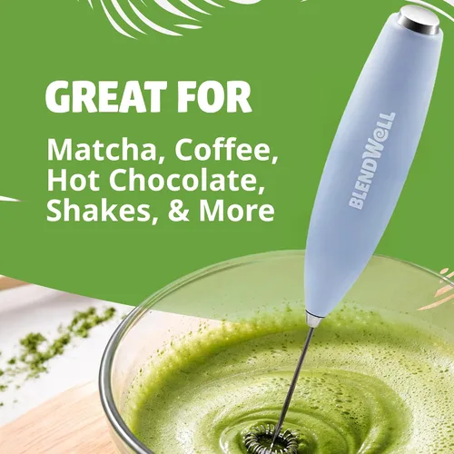 Miniatura 3 de BlendWell Espumador de leche eléctrico para matcha y café, mezclador de bebidas de mano con batería, con soporte, batidor de acero inoxidable, azul