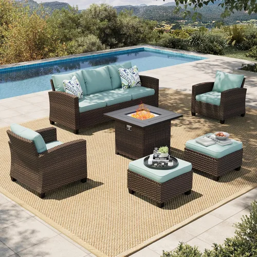 Miniatura 19 de HERA'S HOUSE Juego de muebles para patio, muebles de mimbre para exteriores con fogata, 8 piezas de sofás de conversación para exteriores con Beige