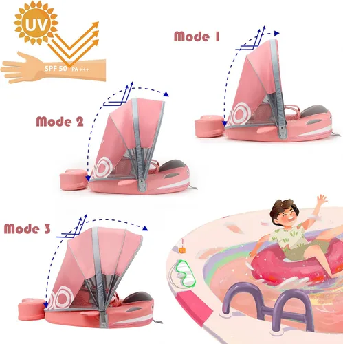 Miniatura 2 de Flotador Mambobaby no inflable con toldo, flotador de natación con protección UV para bebé con hebilla de seguridad, entrenador de natación con cola