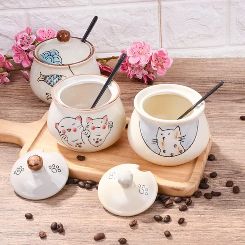 Miniatura 4 de Azucarero de cerámica con tapa y cuchara, azucarero japonés de 11.8 onzas con cuchara y tapa (estilo 1)