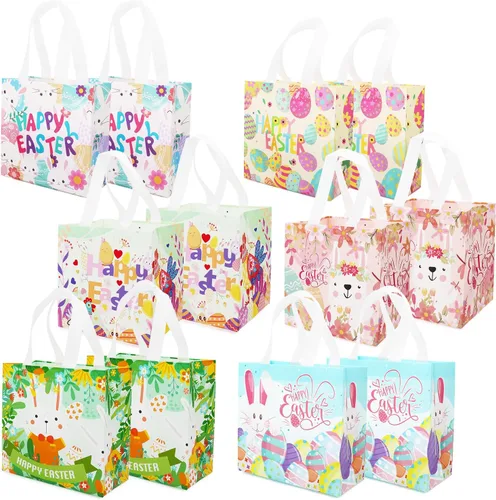 Miniatura 13 de PARSUP 8 bolsas de Pascua con diseño de conejo, zanahoria, huevos de gallina, bolsas no tejidas con asas para envolver regalos, caza de huevos