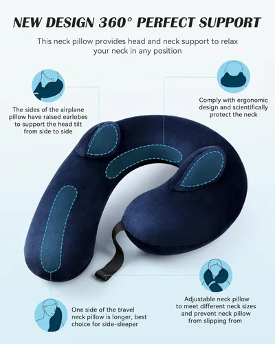 Miniatura 3 de Almohada Inflable para Cuello de Viaje, Almohada de Viaje con Soporte para Cabeza y Cuello, Almohada de Cuello para Viaje en Avión, Tren, Coche, Azul