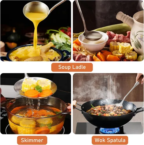 Miniatura 2 de Wok Cucharón y espátula, juego de cucharón wok de acero inoxidable, 3 cucharones largos de cocina, espátula de metal con mango de madera, juego