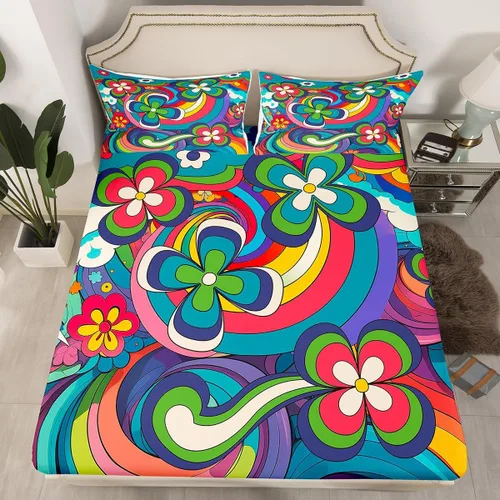 Miniatura 10 de Juego de ropa de cama con diseño floral bohemio, tamaño individual, diseño retro de flores groovy, 60S y 70S, diseño de flores hippie para niños